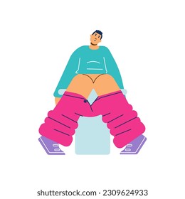Relajante niño sonriente sentado en el tazón del baño frente a un estilo plano, ilustración vectorial aislada en fondo blanco. Elemento de diseño, necesidad, personaje joven soñador diurno