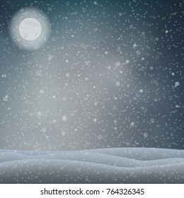 Relaxing snowy background with snowflakes falling on ground covered with snowdrifts under the moonlight in quet winter night. Vector illustration, template with space for text. Border for design.