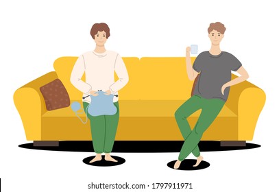 Relaxing at sofa, family spend time together, woman knitting cloth, young guy drinking coffee or tea, leisure time at home, couple rest at couch, isolated cartoon characters, daily routine, recreation