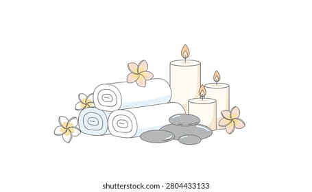 Relaxing spa composition with rolled white towels, burning candles, smooth river stones, and tropical plumeria flowers for wellness and calm.