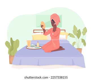 Relaxing spa day at home 2D vector isolated illustration. Young woman applying moisturizer flat character on cartoon background. Colorful editable scene for mobile, website, presentation