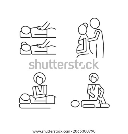 Relaxing spa experience linear icons set. Boost bonding in relationship. Prenatal massage therapy. Customizable thin line contour symbols. Isolated vector outline illustrations. Editable stroke