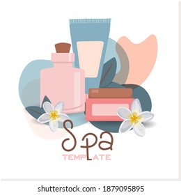 Relajante spa sobre fondo blanco, cerca. Ilustración publicitaria de cosméticos, concepto de cuidado cutáneo simple y saludable, diseño de producto. Cartel publicitario para un salón de spa.