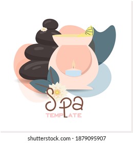 Relajante spa sobre fondo blanco, cerca. Ilustración publicitaria de cosméticos, concepto de cuidado cutáneo simple y saludable, diseño de producto. Cartel publicitario para un salón de spa.
