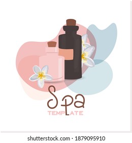 Relaxing spa set on white background, close up. Cosmetics advertising illustration, simple and healthy skin care concept, product layout. Advertising poster for a spa salon.