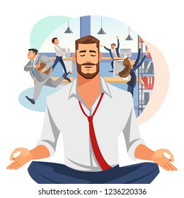 Relaxing and Stress Relief at Workplace Cartoon Vector Concept. Businessman with Untied Necktie, Sitting in Lotus Position with Closed Eyes, Meditating in Noisy Office, Practicing Yoga. Zen in Work