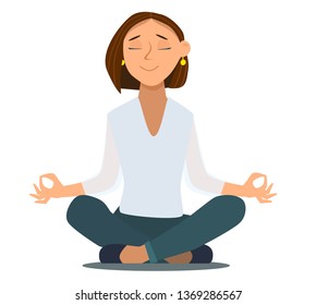 Relaxing and Stress Relief at Workplace Cartoon Vector Concept. Businessman with Untied Necktie, Sitting in Lotus Position with Closed Eyes, Meditating in Noisy Office, Practicing Yoga. Zen in Work
