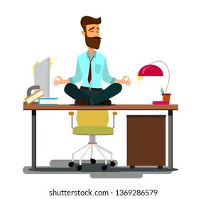 Relaxing and Stress Relief at Workplace Cartoon Vector Concept. Businessman with Untied Necktie, Sitting in Lotus Position with Closed Eyes, Meditating in Noisy Office, Practicing Yoga. Zen in Work