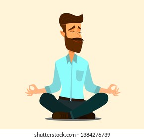 Relaxing and Stress Relief at Workplace Cartoon Vector Concept. Businessman Sitting in Lotus Position with Closed Eyes, Meditating in Noisy Office, Practicing Yoga. Zen in Work