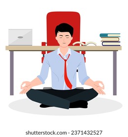 Relaxing and Stress Relief at Workplace Cartoon Vector Concept. Businessman with Untied Necktie, Sitting in Lotus Position with Closed Eyes, Meditating in Noisy Office, Practicing Yoga. Zen in Work