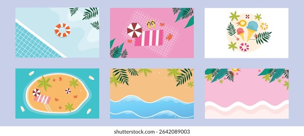 A relaxing summer background bundle with pool float beach waves palm leaves and minimal pastel decorative elements