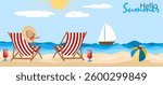 Relaxing summer beach with deck chairs, refreshments, and a sailboat under a bright sun