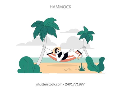 Relajante día de verano con una persona tumbada en una hamaca entre palmeras en una playa, encarnando unas vacaciones serenas. Ilustración vectorial.