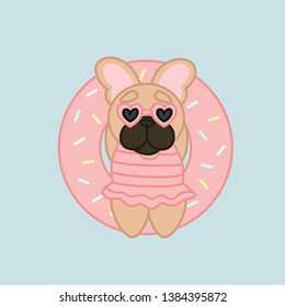 Relaxing Summer Fawn Coat French Bulldog In Pink Donut Lilo Cartoon Vector Illustration