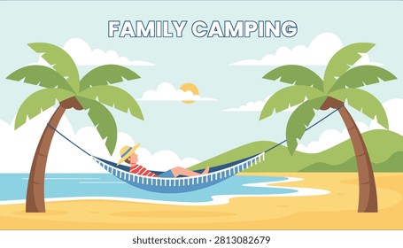 Relaxing summer vacation background showing person resting on hammock between palm trees on a tropical beach.