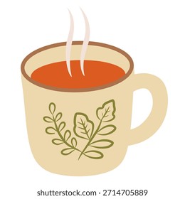 Relaxing tea cup in flat hand-drawn style for self care themes. Ideal for wellness blogs, cozy lifestyle visuals, and mental health designs.