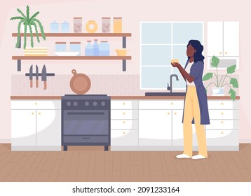 Relaxing tea time in kitchen flat color vector illustration. Drinking coffee near window. Hygge lifestyle. Happy woman enjoying rest 2D cartoon character with interior on background