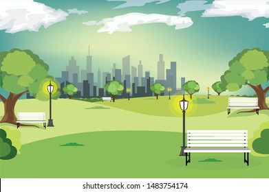 City Park Wooden Bench Lawn Trees Stock Vector (Royalty Free) 540073531