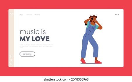 Relaxing Time Landing Page Template. Youth Girl Listening Sound Track in Headphones. Young Woman Listen Music, Relax. Female Character Wear Earphones Enjoying Composition. Cartoon Vector Illustration