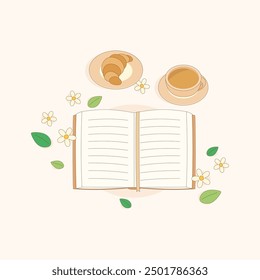 Relajante tiempo para leer libro con una taza de café y croissant, Ilustración vectorial