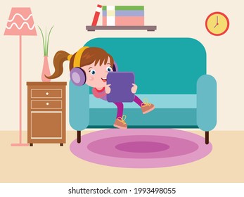 Relaxing time vector concept. Cute little girl enjoying music and using digital tablet at home while sitting on the sofa