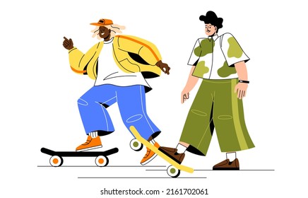 Relaxing together at leisure time. Guy on skateboards, active lifestyle and sport. Teenagers have fun in city park. Extreme rest on skatepark. Summer or spring season. Cartoon flat vector illustration