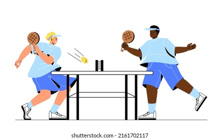Relaxing together at leisure time. Men with rackets play ping pong or table tennis. Active lifestyle or sport, ball competition. Friends rest indoor on weekend. Cartoon flat vector illustration