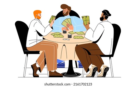 Relaxing together at leisure time. Men play poker, gambling. Characters rest after work, card games for intelligence and logic. Friends rest in room, weekend. Cartoon flat vector illustration