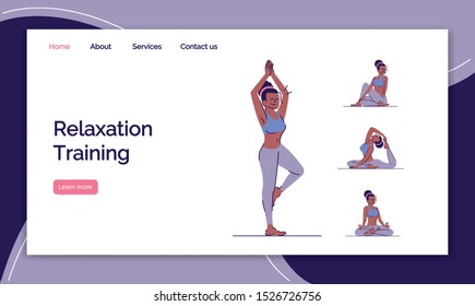 Relaxing training landing page vector template. Yoga practice website interface idea with flat illustrations. Physical, mental balance homepage layout. Healthcare web banner, webpage cartoon concept