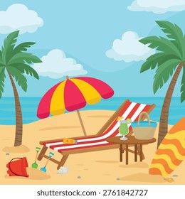Relaxing tropical beach landscape featuring a sunbed, umbrella, and a refreshing cocktail on the sand. Perfect summer vacation background for travel posters and seasonal leisure designs