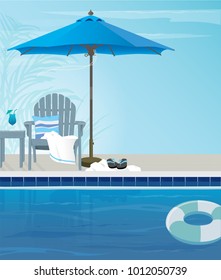 Relaxing tropical swimming pool and beach chairs in blue and aqua tones. Copy space