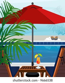 Relaxing tropical swimming pool   chaise lounges; Easy  edit layered file 