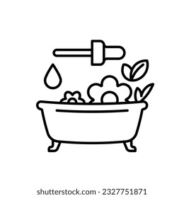 Relaxing tub line icon. Taking bath with essential oil. Beauty oil, flower and herbs for calm and skincare. Home spa concept. Modern minimalist linear illustration. Editable strokes