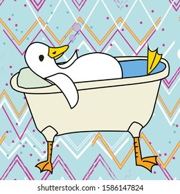 Relaxing in the Tub vector drawing of a duck chillling out in a bathtub. surface pattern design fun for kids bathroom art