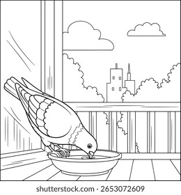Uma página de coloração com tema urbano relaxante com um pombo bebendo água em uma varanda com uma paisagem urbana ao fundo - perfeito para todas as idades.