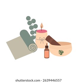 Relaxing vector scene with meditation items: yoga mat, aroma oil, singing bowl, candle, tropical plants. Perfect for banners and posters