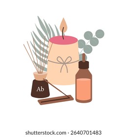 Relaxing vector scene with meditation items: yoga mat, aroma oil, singing bowl, candle, diffuser, massage stones, tropical plants, lotus. Perfect for banners and posters