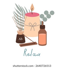 Relaxing vector scene with meditation items: aroma oil, candle, diffuser, tropical plants. Perfect for banners and posters