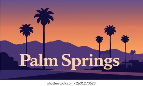 Ilustração relaxante em estilo vetorial do oásis no deserto de Palm Springs, exibindo um pôr do sol luxuoso junto à piscina com vistas para as montanhas e palmeiras circundantes
