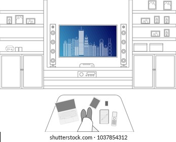 Relaxing  Watching TV ,notebook ,smartphone ,remote control,tablet buildings and towers ,vector illustration.