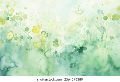 Pintura de acuarela relajante de fondo abstracto de primavera y verano. Follaje de acuarela y Elementos florales en tonos de verde y amarillo. Obra de arte de Vector inspirada en la Naturaleza con sentido de la belleza natural