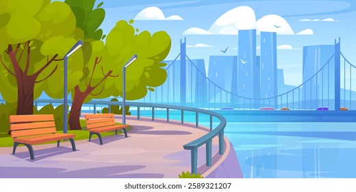 Relaxing waterfront park setting with benches, trees, and a city skyline in a vibrant cartoon style ideal for nature and urban life themes. Cartoon vector illustration with downtown city landscape