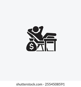 Relaxing Wealth Icon with Money Bag and Lounge Chair. A simple icon depicting relaxation and financial success, featuring a figure reclining on a lounge chair with a money bag.