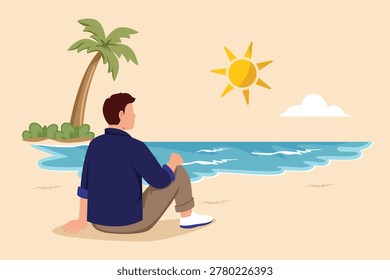 Relaxing while enjoying the evening view. Summer vacation concept. Single line draw design. Vector graphic illustration