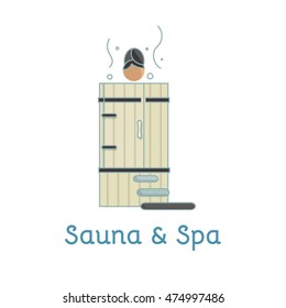 Relaxing woman in a cedar sauna. Vector flat illustration.