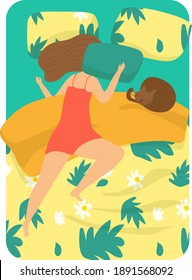 Relaxing woman character sleeping with cat comfortable soft bed, young girl hold pillow flat vector illustration, isolated on white. Cozy personal room, autumn bed linen rest mattress.