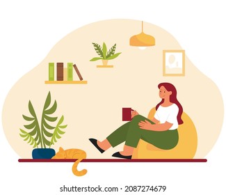 Relaxing woman concept. Female character sitting in soft chair, holding mug and drinking hot coffee. Girl resting in room with fluffy cat. Employee on vacation. Cartoon flat vector illustration
