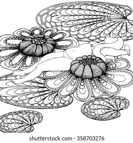 Relaxing woman lying on fantasy water lilies leaves, doodle pattern, zentangle vector design.