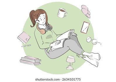 Relaxing woman reading book at home with cozy items