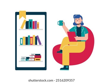 A relaxing woman sitting on a bean bag reading a book and drinking from a mug, enjoying quietly. Design character. Vector flat illustration